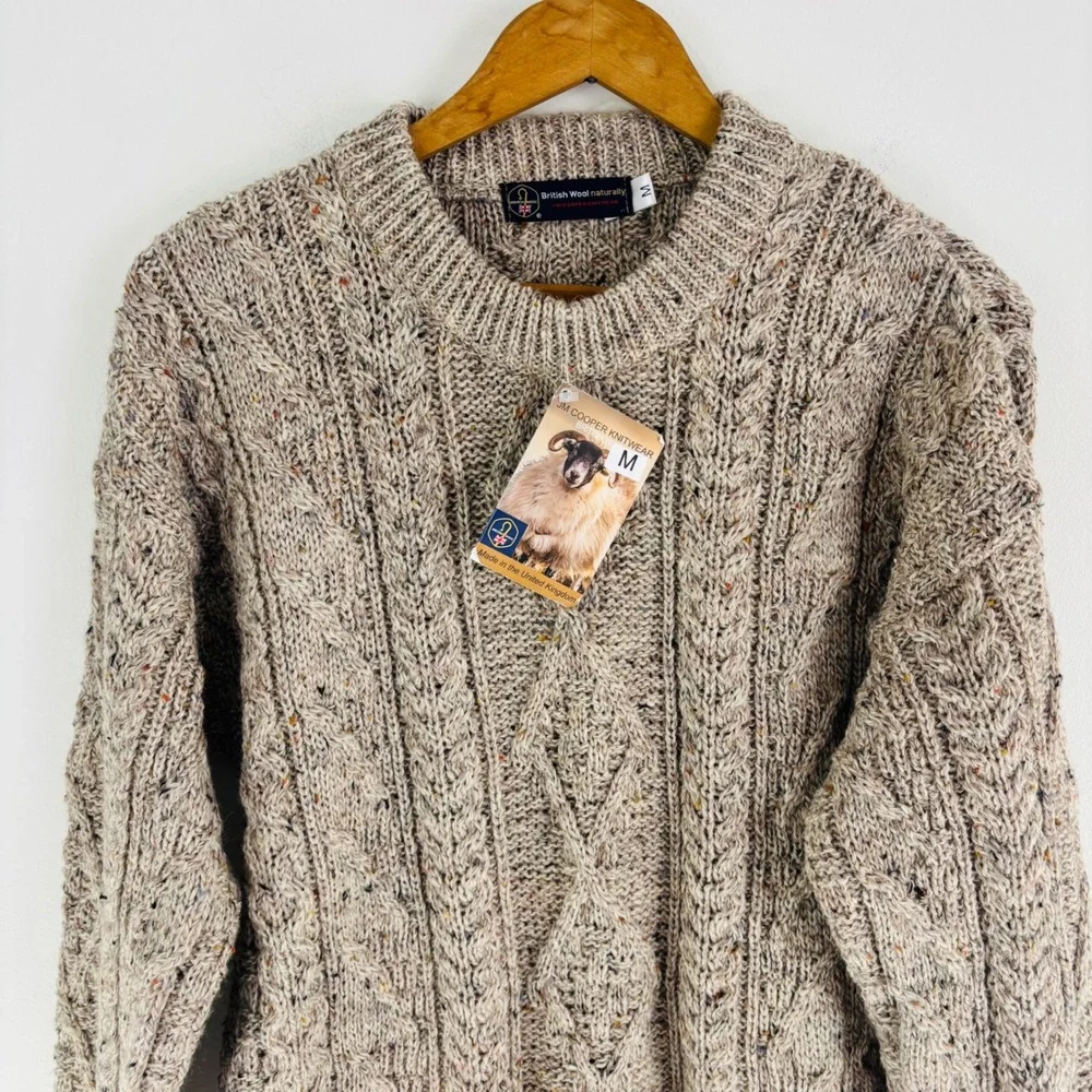 JM Cooper British Wool Cable Knit Sweater Oatmeal Tweed Crew Neck Made in UK M